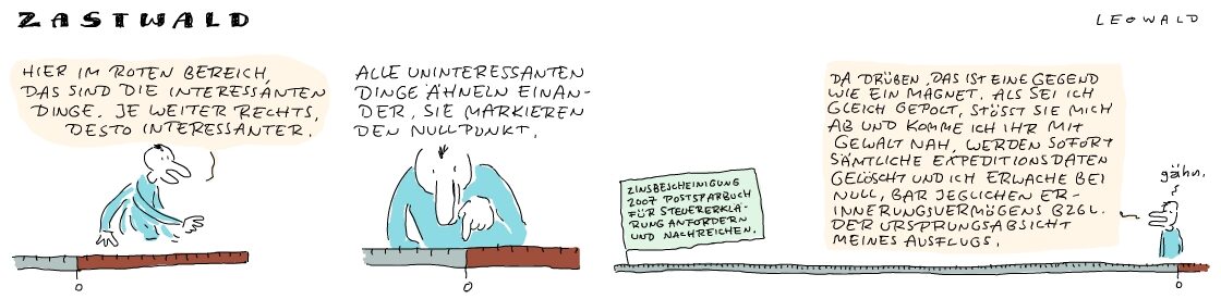 Comic „Zastwald“ von Leowald: Eine Figur sucht die Zinsbescheinigung 2007 für die Steuererklärung – und hat beim Ausflug ins Uninteressante prompt vergessen, worum es ging.
